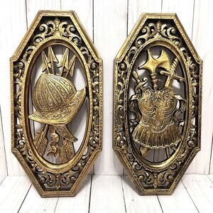 Vintage 1968 SYROCO Set of 2 MCM Wall Art Plaques Medieval Gothic USA